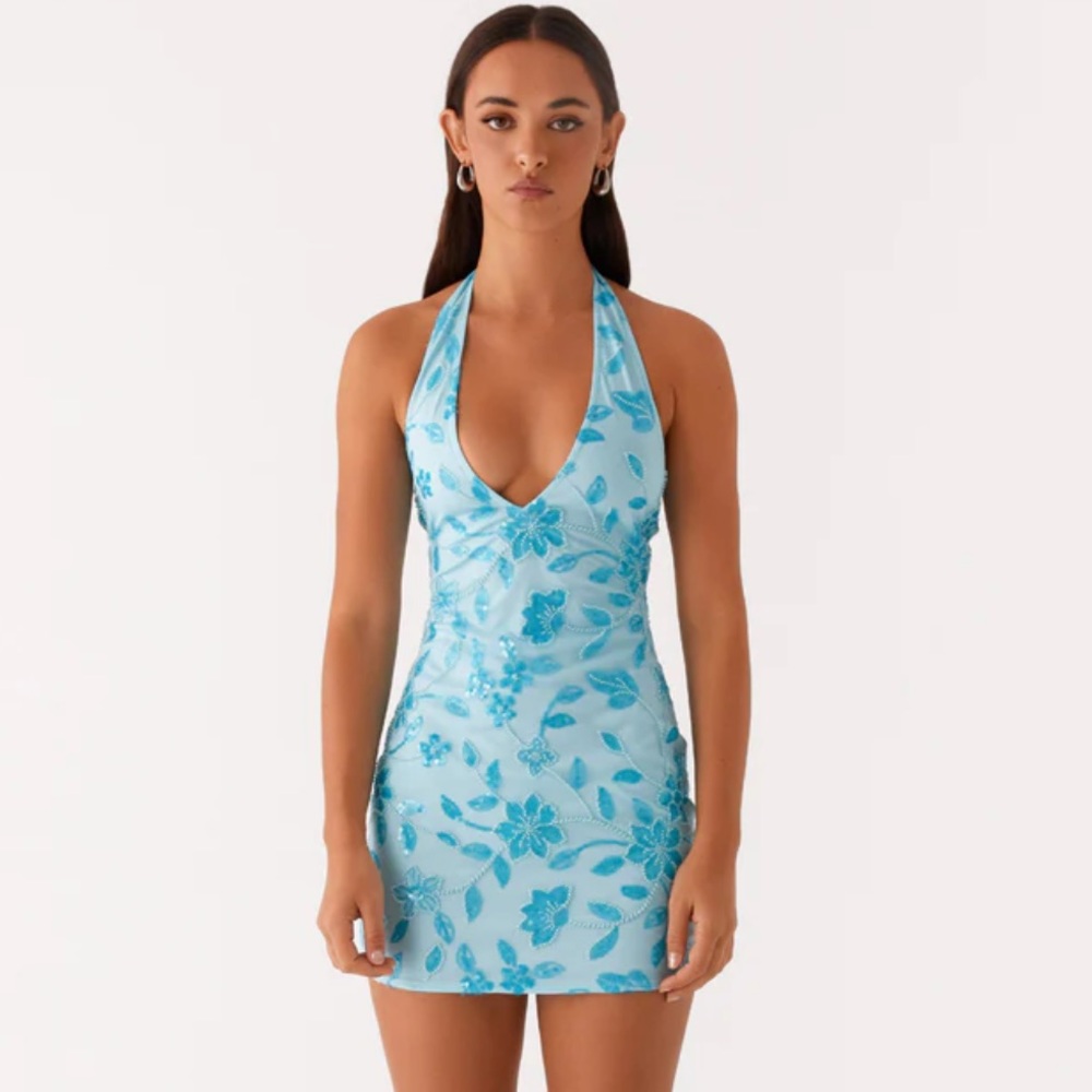 Peppermayo Exclusive - Merida Halterneck Beaded Mini Dress - Blue